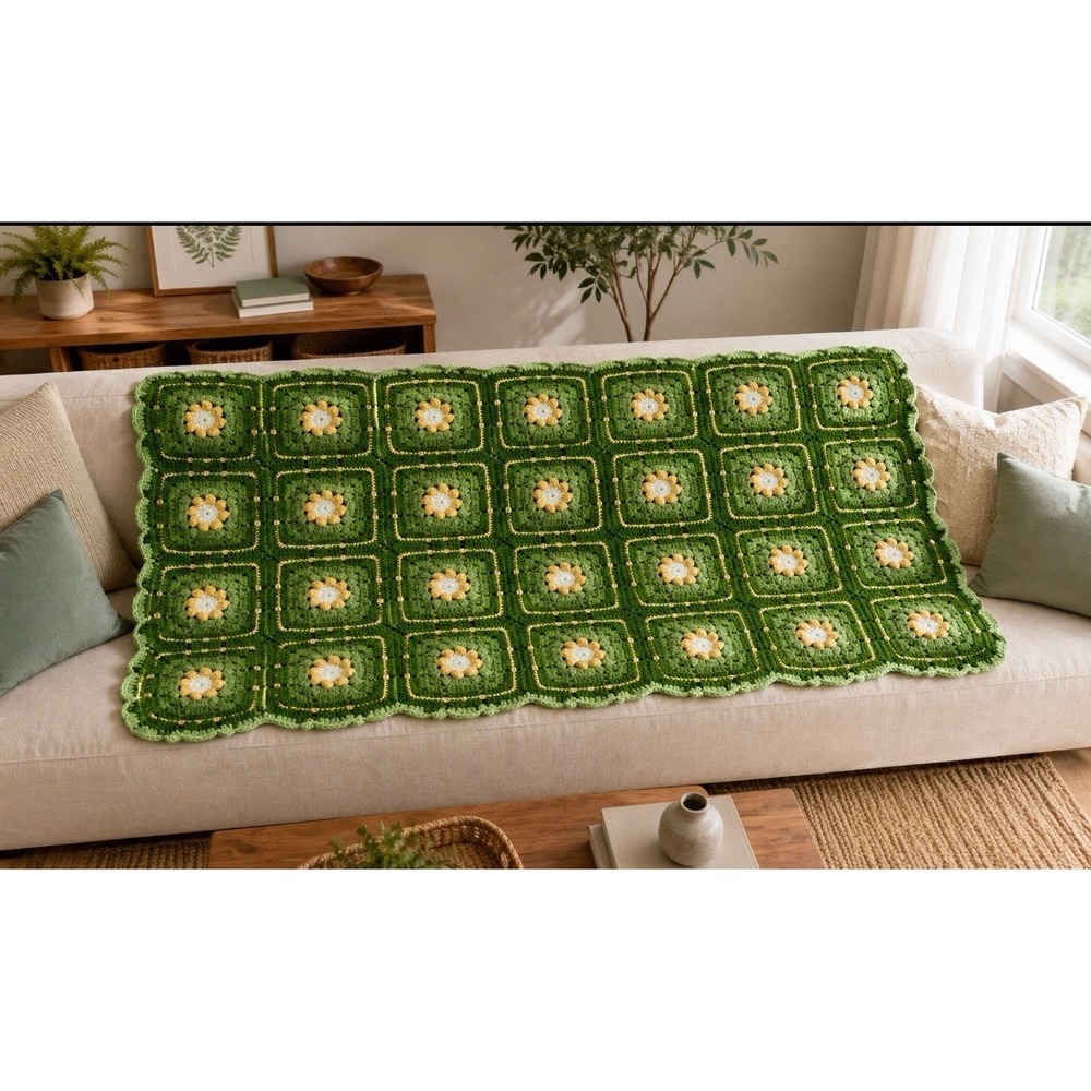 MCM Crochet Afgan Blanket Green Flower Boho Cottage Grannycore 65x38 Handmade